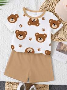 Conjunto de 2 piezas de camiseta de manga corta y pantalones cortos con estampado de oso lindo y moderno para bebé niño, adecuado para salidas en verano