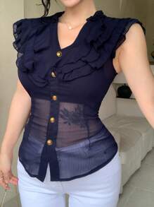 DAZY 女式多层荷叶边拼接修身性感半透明夏季雪纺开衫短袖衬衫 - 藏蓝色 - 查看 4