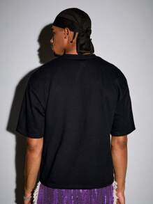 ROMWE MEN Street Life Men's Y2K Goth Slogan Print Short Sleeve Tee, Suitable For Everyday Wear, Spring/Summer, Halloween - Black - View 3