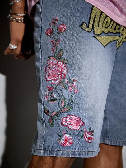 Street Life Men's Floral Street Embroidered Denim Shorts