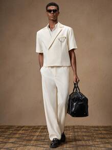 AKNOTIC 2pcs Casual Business Men's Tailored White Short Sleeve Suit Blazer Set, With Chain Decoration, Suitable For Summer, Vacation, Wedding, Party, Graduation Gift Men White Suit Set Men's Co Ord Set Cream Outfit Men Resort Outfit Two Pieces Set - White - View 3