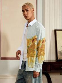 SWAVVY Men Cotton Sunflower Print Colour Block Shirt Without Tee - White - View 5
