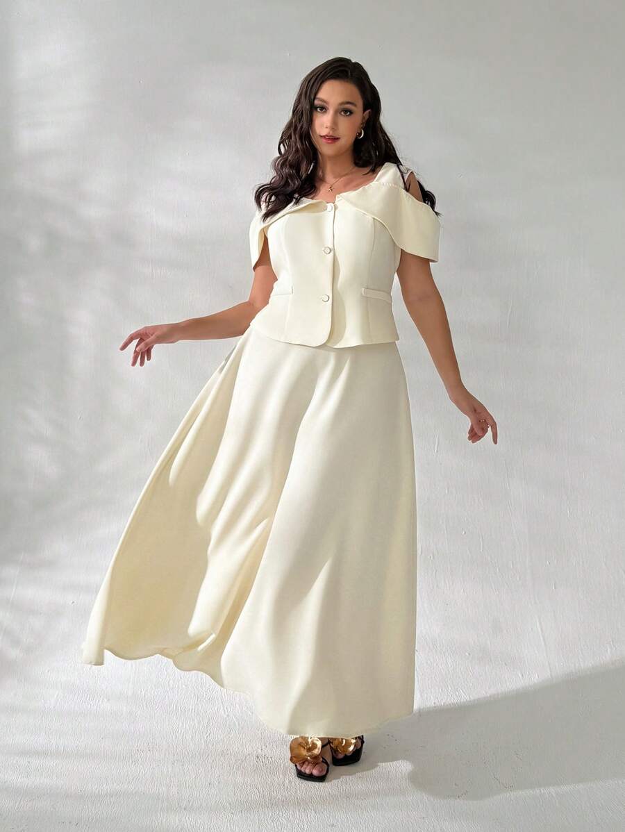 Firerie Plus Size Women 2pcs Set - Casual Elegant Blouse And Flared Skirt, Suitable For Office Commute, Work, Travel, Spring/Summer - Apricot - View 1