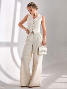 CLARA VERO Conjunto de dos piezas para mujer con chaleco y pantalón a rayas