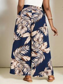 SHEIN PETITE CURVE 加大码植物印花休闲度假裤，适合乡村音乐会 - 藏蓝色 - 查看 2