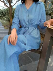 DAZY 优雅不对称衬衫上衣和阔腿裤女式两件套，秋季女装 - 淺藍色 - 查看 4