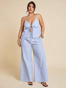 SHEIN BAE Plus Size 2pcs Set Summer Casual Striped Bow Print Tank Top And Pants Easter Vacation Boho Mother Day Simple & Fashionable Cozy Fit Relaxed Outfit,4th Of July Clothes,Memorial Day, Graduation,Work/Office,Vacation Outfits,Two Pieces Summer Set,Linen Set,Red White Blue Set,Linen Pants Womenummer Outfits For Women