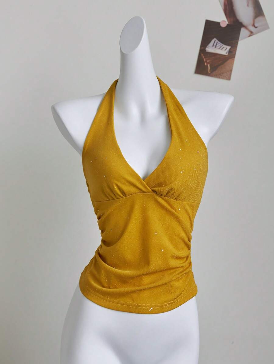 Elamini 时尚亮片系带吊带背心，性感尤物风格 - 黃色 - 查看 1