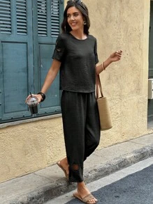 Breezaya Bộ 2 món dành cho nữ: Áo cánh cổ tròn tay ngắn khoét rỗng + Quần dài thường ngày khoét rỗng - màu đen - Xem 4