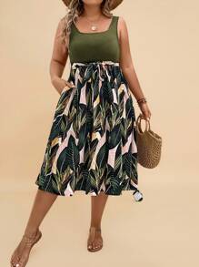 Travachic Plus Tropical Print Belted Summer Boho Dress,Beach Dress Sundress,Holiday Outfits - Army Green - View 1