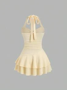 Sweetra Women's New Spring Summer Suitable For Beach Vacation Elegant Textured Fabric Halter Tie Front Ruched Bust Metal Decor Layered Ruffle Hem Playful Mini Dress