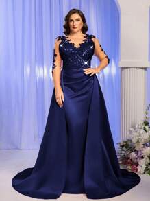 SHEIN Belle 大码优雅撞色裸色网纱花卉贴花长袖V领亮片缎面高腰鱼尾长裙，适合正式晚宴、鸡尾酒会、约会、度假、舞会、婚礼、返校、情人节等场合。 - 藏蓝色 - 查看 7