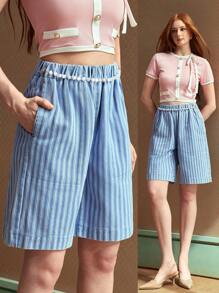 SHEIN EZwear Women's Casual Striped Chain Decorated Denim Shorts, Summer - Blue - View 6