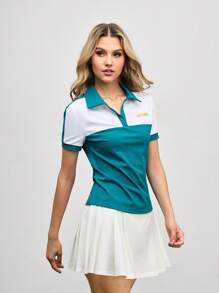 SHEIN Sports 女式字母印花撞色短袖运动 Polo 衫 - 綠色 - 查看 5