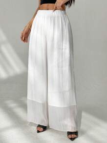 SHEIN PETITE Women's Casual White Wide Leg Long Pants - High Waist Flowy Design In Textured Woven Fabric For Everyday Comfort. - White - View 5