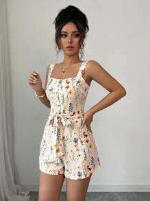 Rafferiza 橙色多巴胺花卉数码印花女式连体衣，时尚百搭假日装 - 杏色 - 查看 3