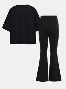 SHEIN Leap Crew Tween Girl 休闲蝴蝶印花短袖上衣和裤子 2 件套，夏季 - 黑色 - 查看 3