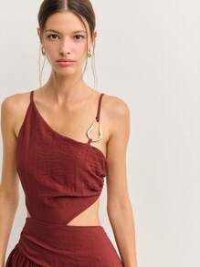 One-Shoulder Cutout Mini Dress In Soft Textured Fabric. Flowy Skirt With Flattering Silhouette-Perfect For Summer Parties, Holiday Outfits, Or São João Vibes. - Brown - View 4