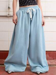 COUREZ 宽松筒状运动裤，缝线细节设计 / Y2K 夏季女装复古风下装 - 藍色 - 查看 3