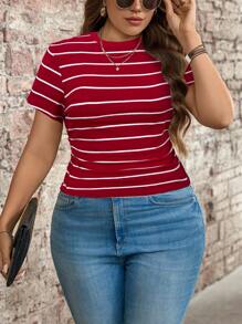 SHEIN LUNE Plus Size Colorblock Striped Round Neck Regular Shoulder Short Sleeve Casual T-Shirt, Summer,Business Casual Woman - Red - View 1