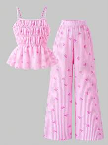 Sparklyn Girls Striped Bow Strap Top And Straight-Leg Pants Holiday Style 2pcs Outfit Summer Holiday