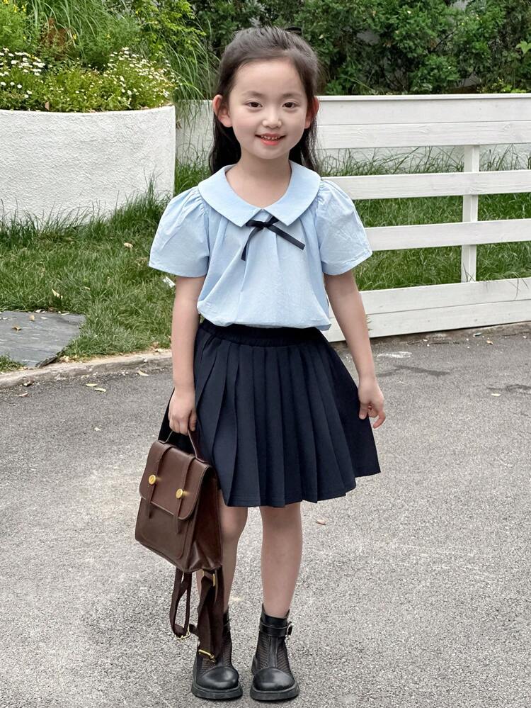 2pcs/Set Young Girls Floral Bowknot Blouse & Pleated Skirt Set,Girls Summer Outfits