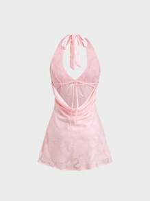 Sweetra Vestido corto sin mangas con espalda abierta, cuello con lazo y diseño calado en chifón rosa, refrescante para primavera/verano