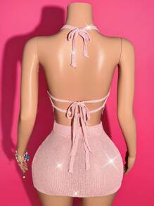 Slaydiva Bộ đồ mùa hè mới, thích hợp cho kỳ nghỉ thư giãn, hẹn hò hàng ngày, tiệc sinh nhật, kỳ nghỉ gợi cảm, đi biển, áo len ngắn cổ yếm + áo ôm sát màu hồng nhạt bóng bẩy, bộ đồ hai mảnh cho nữ, trang phục mùa hè 2 mảnh, Rave. - Hồng - Xem 2