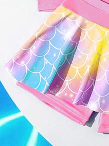 SHEIN 女童吊带比基尼泳衣，短袖上衣搭配短裤，美人鱼款式两件式泳装