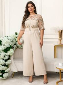 Ellevyn Curvy Plus Size Women's Romantic Elegant Daily Round Neck Short Sleeve Shiny Sequins Decoration Waist Wide Leg Apricot Jumpsuit,Wedding Guest Dress Women,Business Casual Woman,Birthday Outfits For Women,Country Concert Outfit,Festival Outfits For Women,Classy Outfits For Women,Jumpsuits For Woman Elegant,Romper,Jumpsuits For Woman,Bodysuits For Women,Summer Outfits For Women,Summer,Vacation Outfits Woman,Vacation,Women Summer Clothes,Going Out ,Plus Size Women Clothes,Clothes,Curve Plus