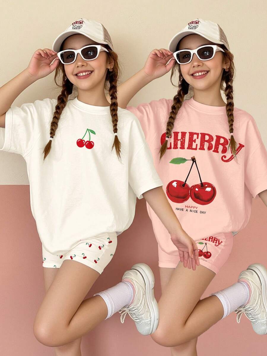SHEIN Leap Crew 2 件套青少年女孩休闲简约樱桃印花短袖宽松 T 恤和短裤套装,奶油白色和奶油粉色,适合夏季 - 彩色 - 查看 1