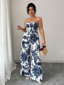 Elenzga 女式印花抹胸连体衣，收腰阔腿，优雅度假、工作、日常穿着