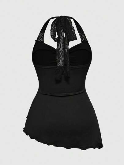 Women's Lace Patchwork Asymmetrical Hem Lace Trim Halter Neck Tied Waist Tank Top