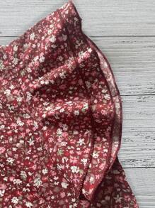 SHEIN LUNE 女式休闲黑色碎花立领双层荷叶边袖短袖衬衫，春夏 - 酒紅色 - 查看 4