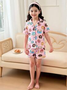 2pcs/Set Young Girl' Donut Print Short Sleeve Casual Loose Pajama Set - Dusty Pink - View 3