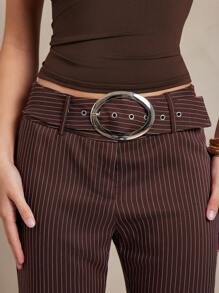 L'Amorae Women Pinstripe Flared Long Pants With Buckle Detail Office Business Casual - Brown - View 4