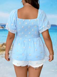 SHEIN Clasi Áo chui đầu tay bồng lưới hoa cúc cỡ lớn cho nữ - Màu xanh lam - Xem 2