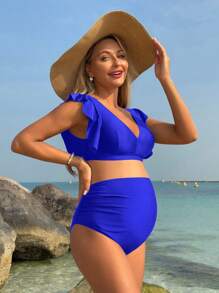 SHEIN Maternity Swimsuit Set For Summer Beach Vacation - Royal Blue - View 4