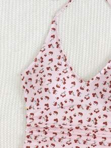 SHEIN Swim Cherry Print Tie Neck V-Neck Ruched Sweet Style Swim Skirt For Summer Beach Vacation - Multicolor - View 5