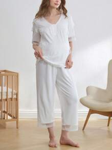 Moonlight&Mama 孕妇短袖哺乳睡衣套装两件装，蕾丝纽扣设计，家居服时尚睡衣 - 白色 - 查看 3