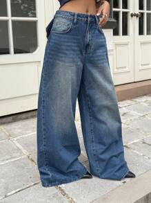 Muchica 女式休闲蝴蝶结洗口袋宽松牛仔裤 - 藍色 - 查看 3