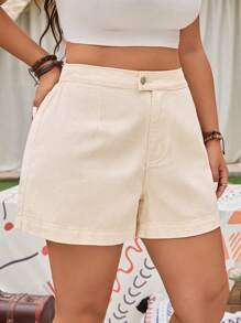EMERY ROSE Plus Size Women Casual Solid Color Elastic Waist Summer Denim Shorts - Apricot - View 3