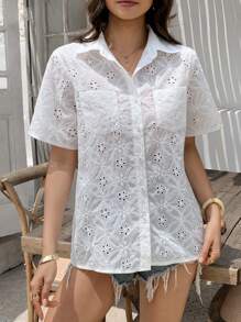 DAZY Camicia da donna aderente con scollo a bottoni e maniche corte in pizzo