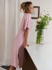 LUVLETTE Soft Rayon Basic Pink Striped Patterned Short-Sleeve Button-Up Nightdress Airy Women Pajamas Slip Dress Lingerie As Outerwear Bridal Intimates& Pyjamadressing - Pink - View 10