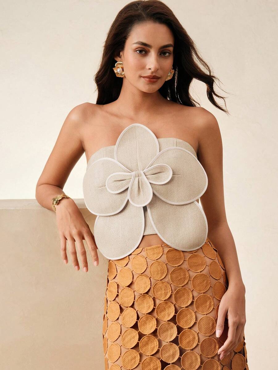 Anewsta 女士 3D 编织花卉装饰抹胸，适合夏季、节日、休闲、度假、假日、海滩、优雅、露背