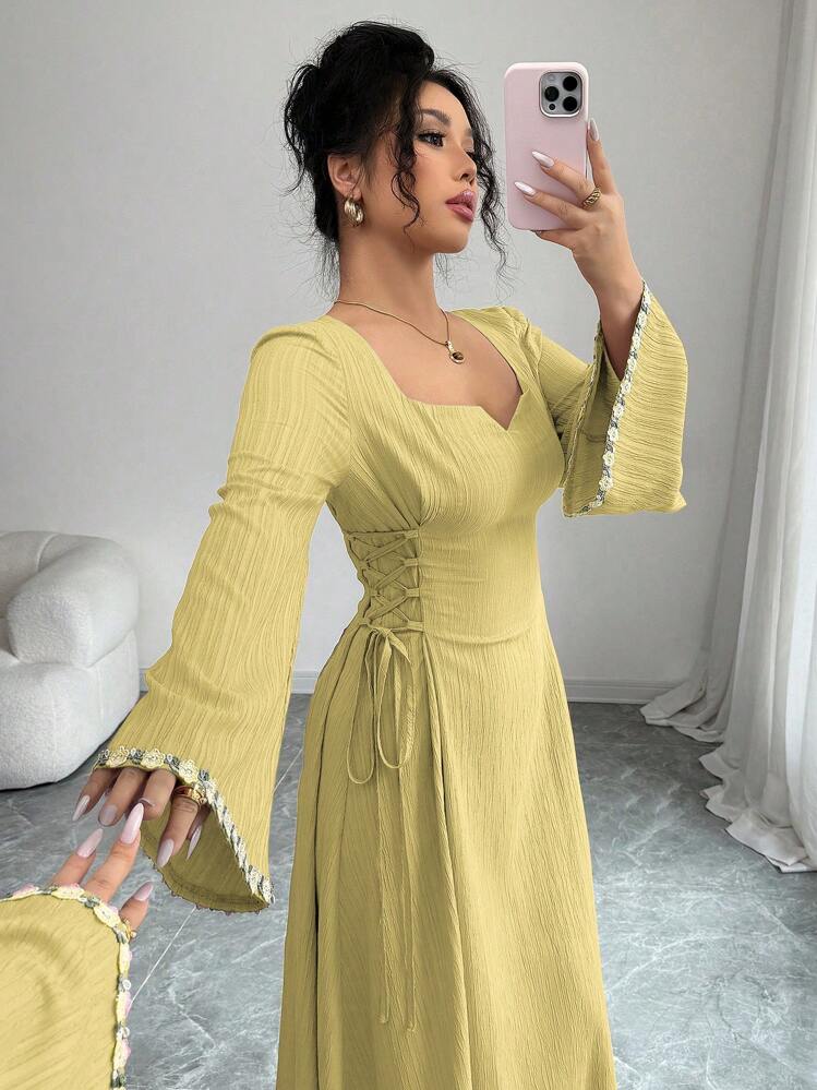 Yasmyna 女式紫色编织腰部系带荷叶边阿拉伯风格连衣裙 - 黃色 - 查看 6