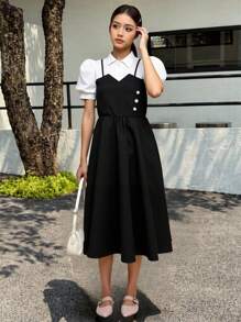 Sweetra Young Teen Girls Contrast Color 2 In 1 Short Puff Sleeve Summer Dress
