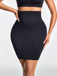SHAPORA Minifalda de cintura alta tipo ajustado de color liso, para el verano - Negro - Ver 4