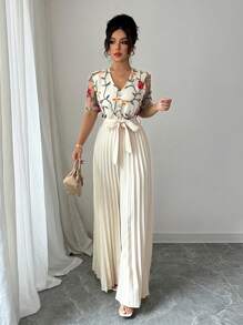 SHEIN Tall 女式杏色拼布刺绣腰带褶皱连体裤 - 杏色 - 查看 6