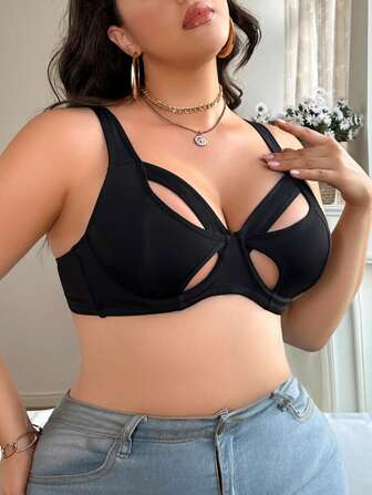 AltCore Plus Size Hollow Patchwork Design Comfortable Wireless Thin Cup Lingerie, Lift